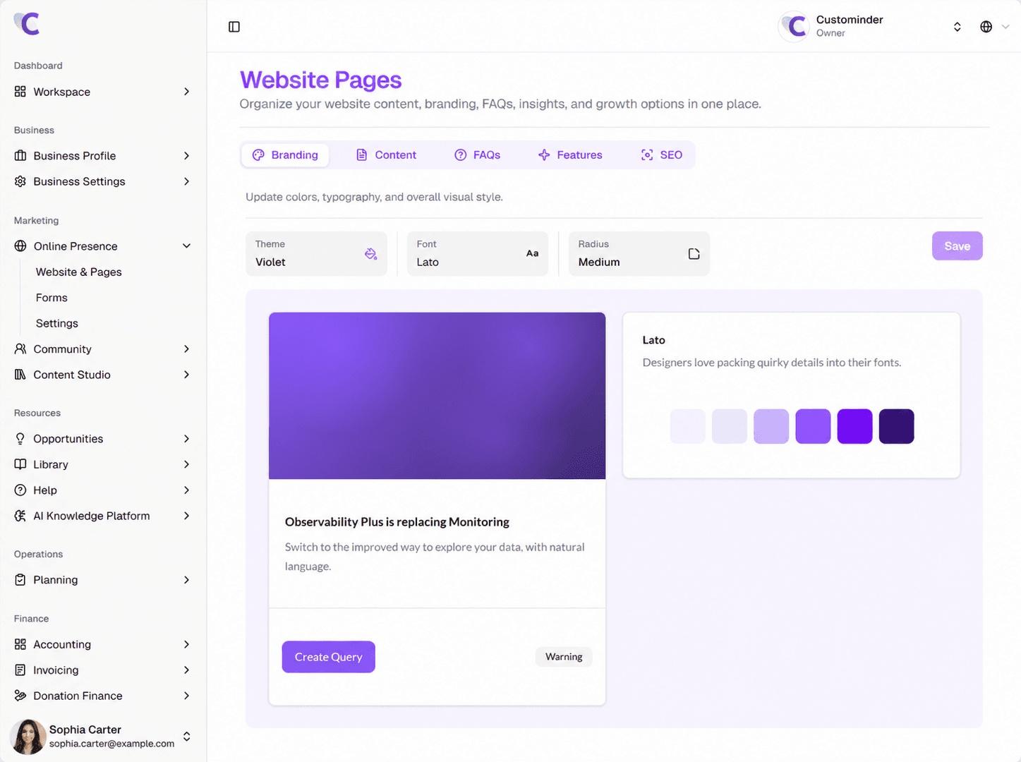 Custominder Website Pages dashboard showing branding settings and a website feature section preview.
