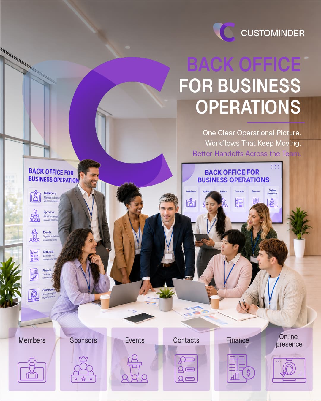Association team managing memberships, events, sponsorships, finance, and website operations with Custominder.